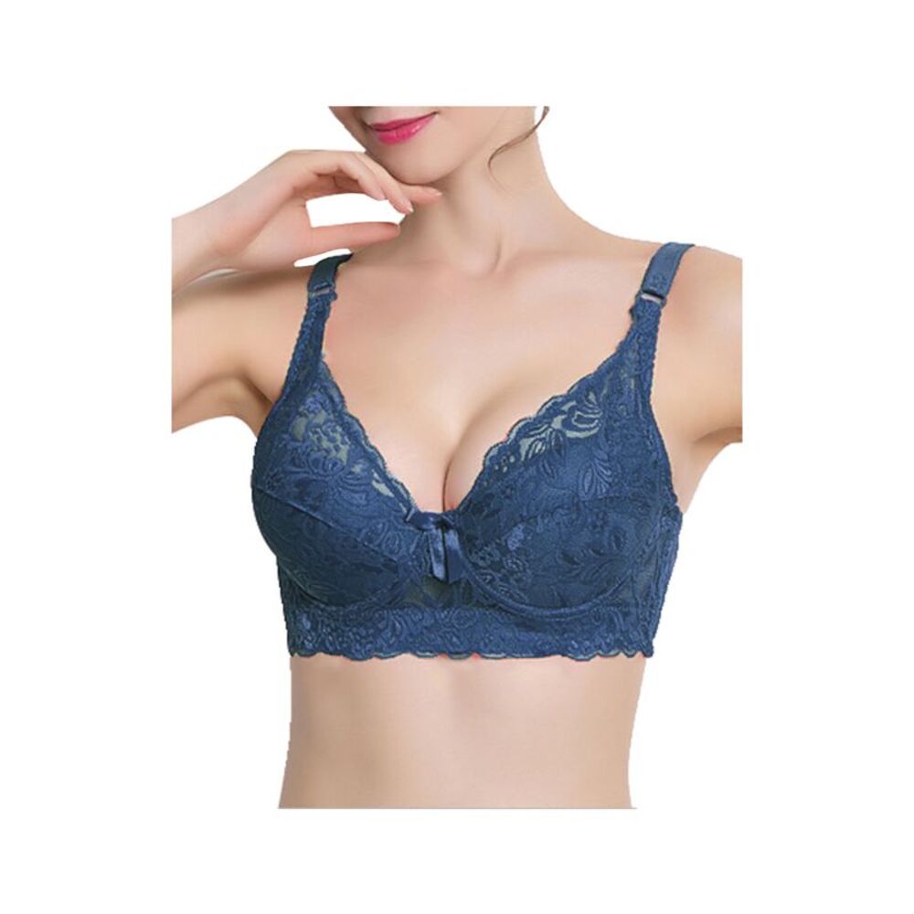 Floral Lace Cotton Cup Front Adjustable Straps Plus Size Bra Navy Blue